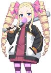  1girl alternate_costume baseball_bat beatrice_(re:zero) blonde_hair blowing_bubbles blue_eyes blush chewing_gum commentary_request cowboy_shot drill_hair hand_in_pocket holding holding_baseball_bat jacket long_sleeves looking_at_viewer metal_baseball_bat open_clothes open_jacket pink_pupils pink_thighhighs pocket purple_thighhighs re:zero_kara_hajimeru_isekai_seikatsu red_sweater s_(hdru2332) simple_background solo standing striped_clothes striped_thighhighs sweater symbol-shaped_pupils thighhighs twin_drills white_background 