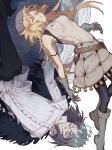  1boy 1girl artoria_caster_(fate) artoria_caster_(first_ascension)_(fate) artoria_pendragon_(fate) bare_shoulders belt_bag blonde_hair breasts cape closed_eyes collared_shirt crown diamond_hairband falling fate/grand_order fate_(series) fur-trimmed_cape fur_trim gloves grey_gloves grey_hair grey_hat hat highres insect_wings long_hair long_sleeves medium_hair oberon_(fate) oberon_(third_ascension)_(fate) rerheart shirt sleeveless twintails vest white_background white_shirt white_vest wings 