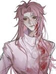  1boy blood blood_in_hair blood_on_clothes blood_on_face blood_on_neck chinese_commentary commentary_request hatsutori_hajime highres long_hair looking_at_viewer male_focus paomian_chi_jiaozi parted_bangs parted_lips pink_hair red_eyes saibou_shinkyoku shirt simple_background sketch solo upper_body white_background white_shirt 