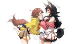  2girls animal_ear_fluff animal_ears black_hair blush breasts brown_eyes brown_hair closed_eyes commentary dog_ears dog_tail extra_ears hair_ornament heart highres hololive inugami_korone jacket kito_koruta leaning_forward long_hair looking_at_another medium_breasts multicolored_hair multiple_girls off_shoulder ookami_mio open_clothes open_jacket open_mouth red_hair sidelocks simple_background skirt snoot_challenge standing streaked_hair tail tail_wagging very_long_hair virtual_youtuber white_background white_skirt wolf_ears x_hair_ornament yellow_jacket 