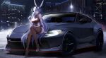  1girl :3 absurdly_long_hair absurdres arm_support azur_lane bare_shoulders blue_eyes blue_hair bodystocking breasts building car cleavage closed_mouth commentary commission covered_navel crossed_bangs dress elbow_gloves full_body gloves hair_between_eyes hair_intakes headgear high_heels highres kcar66t lamppost large_breasts location_request long_hair looking_at_viewer motor_vehicle new_jersey_(azur_lane) night nissan outdoors real_world_location see-through see-through_cleavage shadow sidelocks sitting sitting_on_car skyscraper solo vehicle_request very_long_hair white_dress white_gloves 