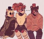  1boy 2girls animal_ears bear bear_ears belt belt_buckle black_fur black_sclera black_streaks blue_eyes blue_trim blush_stickers buckle casual circus_baby_(fnaf) colored_sclera denim denim_shorts deviantart_username earrings english_commentary expressionless extra_eyes eyeshadow fashion five_nights_at_freddy&#039;s freddy_fazbear&#039;s_pizzeria_simulator green_eyes grey_jacket half-closed_eyes hat jacket jewelry joints jxitrash lefty_(fnaf) leotard letterman_jacket looking_to_the_side makeup mechanical_parts messy_hair mini_hat mini_top_hat missing_eye molten_freddy multiple_girls non-humanoid_robot open_clothes open_jacket orange_hair orange_sweater pants patterned patterned_background red_eyeshadow red_lips red_streaks robot robot_animal robot_girl robot_joints short_shorts short_twintails shorts signature sitting sleeved_leotard sparkle star_(symbol) star_print sweater top_hat torn_clothes torn_pants tumblr_username turtleneck turtleneck_sweater twintails twitter_username unmoving_pattern white_fur white_leotard wire yellow_eyes 