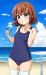  1girl beach blue_eyes blue_one-piece_swimsuit blue_sky breasts brown_hair cloud covered_navel day drink hair_ornament hairclip highres horizon lyrical_nanoha mahou_shoujo_lyrical_nanoha ocean one-piece_swimsuit outdoors school_swimsuit shin_(ustir7) short_hair sky small_breasts solo swimsuit table thighhighs white_thighhighs yagami_hayate 