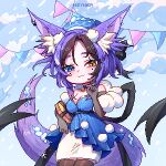  1girl animal_ear_fluff animal_ears artist_name awful_queen_(vtuber) bell breasts choker fox_ears fox_girl fox_tail gift heterochromia highres indie_virtual_youtuber looking_at_viewer mole mole_under_eye monster_girl neck_bell nsywer purple_hair snowing tail 