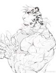  1boy 49hao_fei_liao_cheng_qu absurdres animal_ears arknights bara cracking_knuckles forearms furry furry_male greyscale highres large_pectorals looking_ahead male_focus monochrome mountain_(arknights) muscular muscular_male pectorals profile scar scar_across_eye serious short_hair sidepec sketch solo tank_top thick_eyebrows tiger_boy tiger_ears 