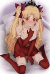  1girl absurdres alternate_costume bare_shoulders belt blonde_hair blush bow brown_belt christmas closed_mouth collarbone commentary_request dress earrings elbow_gloves ereshkigal_(fate) fate/grand_order fate_(series) fur-trimmed_gloves fur-trimmed_thighhighs fur_trim gloves hair_bow highres indoors jewelry long_hair looking_at_viewer mixed-language_commentary no_shoes on_bed parted_bangs pillow red_bow red_dress red_eyes red_gloves red_thighhighs shadow sitting smile solo strapless strapless_dress sweat tanuki_(siutkm0228) thighhighs tiara two_side_up 