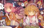  4girls :&lt; ? absurdres ahoge alice_margatroid animal_ears apron bird_ears bird_wings blonde_hair blue_dress bow brown_kimono capelet chopsticks commentary commission cup doll dress english_commentary fish_(food) food_stand frilled_hairband frilled_wrist_cuffs frills grilled_eel hair_bow hairband head_scarf highres hinanawi_tenshi holding holding_tray izakaya japanese_clothes kimono long_hair medium_hair multiple_girls mystia_lorelei nervous_smile okamisty pink_wrist_cuffs raised_eyebrow red_hairband revision short_hair smile spoken_question_mark sweatdrop the_land_druid touhou tray variant_set waist_apron white_capelet wings wrist_cuffs yatadera_narumi yunomi 