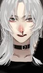  1girl black_choker black_shirt blood choker collarbone commentary grey_eyes highres hoshi_san_3 lace-trimmed_sleeves lace_trim long_sleeves looking_at_viewer medium_hair nosebleed open_mouth original parted_bangs shadow shirt sleeves_past_wrists solo upper_body white_hair 