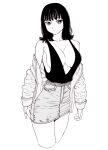  1girl bad_id bad_pixiv_id black_hair breasts cleavage closed_mouth collarbone dende_(dndn222) greyscale highres large_breasts looking_at_viewer medium_hair monochrome original plunging_neckline scan scan_artifacts shirt sideboob skirt solo standing sweater traditional_media 