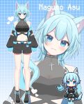  1girl :3 aliasing animal_ear_fluff animal_ears artist_self-insert bandeau bare_shoulders belt belt_buckle black_bandeau black_collar black_footwear black_jacket black_shorts blue_background blue_belt blue_eyes blue_hair blue_jacket blue_tail blush blush_stickers breasts buckle character_name cleavage closed_mouth collar commentary_request covered_collarbone creature cross eyes_visible_through_hair fox_ears fox_girl fox_tail grid grid_background heart highres indie_virtual_youtuber jacket latin_cross looking_at_viewer midriff multiple_views nagumo_asu navel no_mouth no_nose off_shoulder official_art open_clothes open_jacket outline pixel_art puffy_sleeves shinonome_asu shoes shorts sleeves_past_wrists smile standing tail two-sided_fabric two-sided_jacket virtual_youtuber white_belt white_outline 