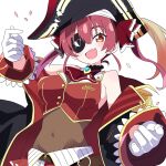  1girl fang gloves hat highres hololive houshou_marine hutaba_haru navel pirate pirate_hat red_hair simple_background skin_fang sleeveless solo 