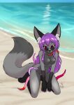  anthro beach breasts canid canine digital_media_(artwork) eyewear featureless_breasts female fur glasses grey_body grey_fur hair hi_res jewelry long_hair looking_at_viewer mammal mancoin navel niti_morgan-zorra nude outside pubes public public_nudity purple_hair ring sand seaside signature smile solo sunglasses tail tentacles water 