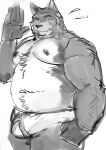  2024 anthro belly bulge canid canine canis clothing domestic_dog hi_res humanoid_hands kemono male mammal monochrome moobs navel nipples overweight overweight_male simple_background solo ujishiyo underwear 