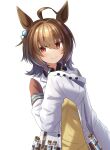  1girl absurdres agnes_tachyon_(umamusume) animal_ears black_necktie black_shirt breasts brown_hair closed_mouth collared_shirt commentary_request dot_nose double-parted_bangs ear_tag eyes_visible_through_hair hair_between_eyes hands_up highres holding holding_pen horse_ears horse_girl jacket lab_coat lapels light_blush looking_at_viewer looking_to_the_side medium_hair necktie notched_lapels open_clothes open_jacket pen red_eyes shirt short_necktie sidelocks sideways_glance simple_background sleeves_past_fingers sleeves_past_wrists small_breasts smile solo sweater teeth umamusume upper_body upper_teeth_only white_background white_jacket yamada_(c57hikaru) yellow_sweater 