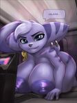  2024 all_fours anthro areola big_breasts blue_eyes breasts cybernetic_arm cybernetic_limb dialogue ear_piercing ear_ring eyebrows female fur glistening glistening_breasts hi_res huge_breasts huge_thighs hyper hyper_breasts lombax looking_at_viewer mammal nipples nude piercing purple_areola purple_body purple_fur purple_nipples ratchet_and_clank ring_piercing rivet_(ratchet_and_clank) short_stack size_transformation smile solo sony_corporation sony_interactive_entertainment striped_body striped_fur stripes thick_thighs transformation wabutt wide_hips 