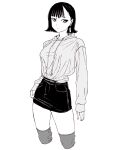  1girl bad_id bad_pixiv_id belt black_hair black_skirt breasts closed_mouth dende_(dndn222) earrings greyscale hair_behind_ear highres jewelry large_breasts long_sleeves looking_at_viewer monochrome original scan scan_artifacts shirt short_hair skirt sleeves_past_wrists solo standing sweater thighhighs traditional_media 