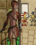  4:5 anthro armor arrows belt belt_only bottomless bow_(weapon) bracers breastplate canid canine canis clothed clothing faulds felid feline footwear footwear_only fur fyreblazes genitals greaves hi_res hiding humanoid jbashaar khajiit lizard male mammal melee_weapon microsoft mostly_nude nude orange_eyes pauldron penis polearm quiver_(object) ranged_weapon red_body red_fur red_nose reptile scalie spear sword the_elder_scrolls weapon wolf wristwear wristwear_only 