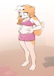  absurd_res anthro asphk belly_grab bodily_fluids bottomwear bra breasts canid canine canis clothed clothing domestic_dog female floppy_ears fur hi_res long_ears mammal midriff shorts slightly_chubby solo sports_bra standing sweat sweatdrop tail tan_body tan_fur underwear white_body white_fur 