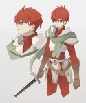  1boy adol_christin ahoge ancient_ys_vanished armor brown_eyes brown_gloves commentary_request double-parted_bangs george_man gloves hair_between_eyes highres holding holding_sword holding_weapon pauldrons red_hair scarf short_hair shoulder_armor simple_background solo sword weapon white_background ys 