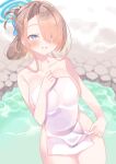  1girl asuna_(blue_archive) blue_archive blue_eyes blue_halo blush breasts collarbone cowboy_shot grin hair_over_one_eye halo highres large_breasts light_brown_hair long_hair looking_at_viewer moeno_uni naked_towel onsen smile solo towel water white_towel 