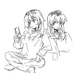 1girl closed_mouth crossed_legs ggzi152437 girls_band_cry greyscale holding holding_phone jewelry kawaragi_momoka long_hair long_sleeves monochrome multiple_views necklace open_mouth phone sitting sketch sweatdrop 