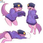  1:1 ambiguous_gender anthro biped blush bottomless clothed clothing fur hat headgear headwear hi_res jarnqk mammal mustelid musteline open_mouth open_smile oversized_clothing pink_body pink_fur smile solo tail true_musteline 