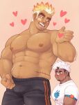  2boys abs akiha_gongen_(housamo) averting_eyes bandaid bandaid_on_cheek bandaid_on_face bandaid_on_nose bara black_hair black_pants blonde_hair blush bulge burn_scar cowboy_shot dark-skinned_male dark_skin english_commentary facial_hair goatee heart highres horns large_pectorals looking_at_another loving_aura male_focus multicolored_hair multiple_boys muscular muscular_male mystar21 navel nervous_sweating nipples open_mouth pants pectorals pink_background scar scar_on_face scar_on_hip scar_on_shoulder scar_on_stomach shirt short_hair sideburns_stubble signature simple_background single_horn sparse_arm_hair sparse_chest_hair sparse_navel_hair stubble sweat tight_clothes tight_shirt tokyo_afterschool_summoners topless_male two-tone_hair ulaanbaatar_(housamo) undercut veins veiny_arms white_hair white_shirt yaoi 