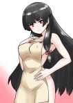  1girl 30-06 apron armpits black_hair blunt_bangs breasts covered_nipples gradient_background highres isokaze_(kancolle) kantai_collection long_hair looking_at_viewer naked_apron red_eyes smile solo 