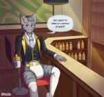  ageplay alcohol anthro baby_bottle bar bar_stool beverage blue_eyes blush clean_diaper clothed clothing container dialogue diaper digital_media_(artwork) domestic_cat english_text felid feline felis front_view fur furniture glistening glistening_eyes grey_body grey_fur grey_stripes hair hi_res infantilism inner_ear_fluff legwear looking_at_viewer male mammal markings necktie open_mouth pink_nose ponytail riddlr roleplay shaded sitting smile solo speech_bubble stockings stool striped_body striped_fur stripes suit teeth text topwear tuft wearing_diaper 