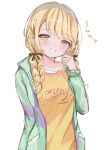  1girl absurdres blonde_hair blush braid commentary_request fujita_kotone gakuen_idolmaster grin head_tilt highres idolmaster jacket long_hair long_sleeves looking_at_viewer multicolored_clothes multicolored_jacket shirt simple_background smile solo teruteruteru190 translation_request twin_braids upper_body white_background yellow_eyes yellow_shirt 