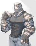  1boy animal_ears arknights bara black_tank_top clenched_hand cowboy_shot forearms furry furry_male highres large_hands large_pectorals looking_at_viewer male_focus mountain_(arknights) muscular muscular_male pants pectorals scar scar_across_eye short_hair solo tank_top thick_eyebrows tiger_boy tiger_ears v-taper white_hair yizhiyazi_(yz_z_) 