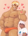  2boys abs akiha_gongen_(housamo) averting_eyes bandaid bandaid_on_cheek bandaid_on_face bandaid_on_nose bara black_hair blonde_hair blush bulge burn_scar cowboy_shot dark-skinned_male dark_skin english_commentary facial_hair goatee heart highres horns large_pectorals looking_at_another loving_aura male_focus male_swimwear multicolored_hair multiple_boys muscular muscular_male mystar21 navel nervous_sweating nipples open_mouth orange_male_swimwear pectorals pink_background scar scar_on_face scar_on_hip scar_on_shoulder scar_on_stomach shirt short_hair sideburns_stubble signature simple_background single_horn sparse_arm_hair sparse_chest_hair sparse_leg_hair sparse_navel_hair stubble sweat tight_clothes tight_shirt tokyo_afterschool_summoners topless_male two-tone_hair ulaanbaatar_(housamo) undercut veins veiny_arms white_hair white_shirt yaoi 