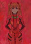  1girl blue_eyes bodysuit commentary effy_neprin freckles highres holding holding_polearm holding_weapon interface_headset lance_of_longinus_(evangelion) long_hair looking_at_viewer neon_genesis_evangelion pilot_suit plugsuit polearm red_background red_bodysuit red_hair solo souryuu_asuka_langley standing straight-on twintails weapon 