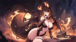  1girl :d animal_ears bare_shoulders black_thighhighs blush commentary demon_tail demon_wings english_commentary fire indie_virtual_youtuber long_hair looking_at_viewer mitsu_(mitsu_art) navel open_mouth sinder_(vtuber) single_thighhigh smile solo stomach tail thigh_strap thighhighs thighs virtual_youtuber wings wolf_ears wolf_girl wolf_tail yellow_eyes 