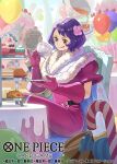  1girl balloon candy candy_cane charlotte_custard commentary_request crossed_legs cup flower food gloves hair_flower hair_ornament holding holding_cup holding_plate official_art one_piece one_piece_card_game otton pastry pink_gloves plate purple_hair short_hair solo table tongue tongue_out 