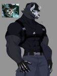  2024 2_horns 3:4 abs absurd_res activision anthro barazoku biceps big_muscles biped bodily_fluids bone call_of_duty canid canine canis curved_horn drooling hi_res horn klaus_bloodstein male mammal muscular muscular_anthro muscular_male pecs saliva simon_riley skull skull_head solo standing wolf 