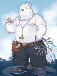  2024 absurd_res anthro band-aid bandage belly bottomwear cai_yuwang canid canine canis clothing domestic_dog fur hi_res kemono lifewonders live_a_hero male mammal moobs nipples outside overweight overweight_male pants solo white_body white_fur yohack 