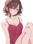  1girl :o bare_shoulders blush breasts brown_hair camisole cleavage collarbone feet_out_of_frame half_up_braid highres higuchi_madoka idolmaster idolmaster_shiny_colors knees_together_feet_apart knees_up looking_at_viewer medium_breasts mole mole_under_eye red_camisole red_eyes short_hair simple_background sitting solo spaghetti_strap white_background yumeme_818 