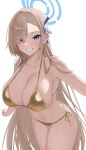  1girl absurdres alternate_costume asuna_(blue_archive) bikini blue_archive blue_eyes blue_ribbon breasts cleavage collarbone gangjeong gold_bikini grin hair_ribbon halo highres korean_commentary large_breasts leaning_forward long_hair looking_at_viewer mole mole_on_breast navel ribbon side-tie_bikini_bottom sideboob simple_background smile solo stomach swimsuit teeth very_long_hair white_background 