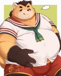  2024 anthro belly big_belly bottomwear canid canine clothing eyes_closed fox hi_res kemono male mammal overweight overweight_male shirt shorts simple_background solo tongue tongue_out topwear trail_arnak 