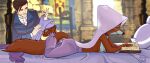  anthro barefoot bed book bottomwear canid canine clothed clothing digital_media_(artwork) disney duo featureless_chest feet female fox fur furniture hi_res human inside lying maid_marian male mammal on_front orange_body pants pawpads reading reading_book red_fox robin_hood_(disney) simple_background sir_paulus smile tail toes topless topless_anthro topless_female true_fox veil 
