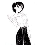  1girl arm_up bad_id bad_pixiv_id black_hair black_pants breasts collarbone dende_(dndn222) greyscale highres large_breasts long_belt looking_at_viewer monochrome original pants scan scan_artifacts shirt short_hair short_sidetail solo standing traditional_media 