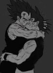  2boys after_battle bara blood blood_on_face couple cowboy_shot dragon_ball dragon_ball_z foreplay french_kiss from_side greyscale hand_in_another&#039;s_hair heavy_breathing highres kiss lifting_person male_focus mamefuku_(mamedehuku) monochrome multiple_boys muscular muscular_male profile son_goku standing thick_eyebrows unfinished vegeta yaoi 