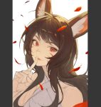  1girl ahri_(league_of_legends) animal_ear_fluff animal_ears closed_mouth facial_mark finger_to_mouth fox_ears hair_between_eyes immortalized_legend_ahri league_of_legends long_hair looking_at_viewer official_alternate_costume potatohell red_eyes red_petals sidelocks simple_background sketch smile solo unfinished upper_body whisker_markings 