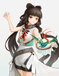  1girl absurdres ahong belt bird black_hair bow-shaped_hair brown_eyes chanzhi_(neural_cloud) chinese_clothes embroidery embroidery_hoop girls&#039;_frontline_neural_cloud highres instrument long_hair looking_at_viewer low-tied_long_hair shorts smile solo string very_long_hair white_background 