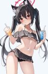  1girl absurdres bare_arms bare_legs bare_shoulders bikini black_bikini blue_archive drink drinking_straw frilled_bikini frills highres holding holding_drink navel official_alternate_costume scarlet_(wv0102) serika_(blue_archive) serika_(swimsuit)_(blue_archive) simple_background solo swimsuit white_background 