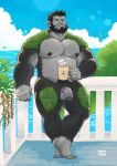  1boy absurdres adam&#039;s_apple against_fence bara beard body_fur cup facial_hair fence flaccid full_beard full_body furry furry_male gorilla_boy grey_fur hahasthund highres holding holding_cup large_pectorals looking_at_viewer male_focus male_pubic_hair muscular muscular_male nipples original outdoors pectorals penis pubic_hair short_hair smile solo standing strongman_waist thick_beard thick_neck thick_thighs thighs uncensored 