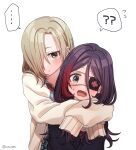  2girls ? ?? absurdres black_jacket blonde_hair blue_shirt blush breasts brown_eyes dot_nose eyepatch fang green_skirt hair_between_eyes hair_over_one_eye hayasaka_mirei highres hug hug_from_behind idolmaster idolmaster_cinderella_girls idolmaster_cinderella_girls_starlight_stage jacket long_sleeves looking_at_viewer madarame_(mdrm89) multicolored_hair multiple_girls open_mouth plaid plaid_skirt pout purple_hair red_hair shirasaka_koume shirt short_hair skirt sleeves_past_fingers sleeves_past_wrists small_breasts speech_bubble streaked_hair sweatdrop sweater twitter_username upper_body white_background white_sweater 
