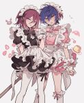  2boys apron arms_behind_back bad_id bad_pixiv_id black_dress black_ribbon blue_eyes blue_hair cherry crossdressing dress embarrassed ensemble_stars! feet_out_of_frame food frilled_apron frilled_sleeves frilled_thighhighs frills fruit glasses hair_between_eyes highres holding kuromi looking_at_viewer maid maid_headdress male_focus male_maid meremero multiple_boys my_melody onegai_my_melody open_mouth pink_dress pink_ribbon pudding puffy_short_sleeves puffy_sleeves ribbon saegusa_ibara sanrio sazanami_jun short_hair short_sleeves smile standing strawberry sweatdrop thighhighs waist_apron white_apron white_thighhighs wrist_cuffs yellow_eyes 