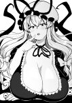  1girl absurdres arm_under_breasts blush breasts choker cleavage greyscale hat hat_ribbon highres himajin_noizu huge_breasts long_hair looking_at_viewer low-tied_long_hair mob_cap monochrome open_mouth ribbon solo touhou upper_body yakumo_yukari 
